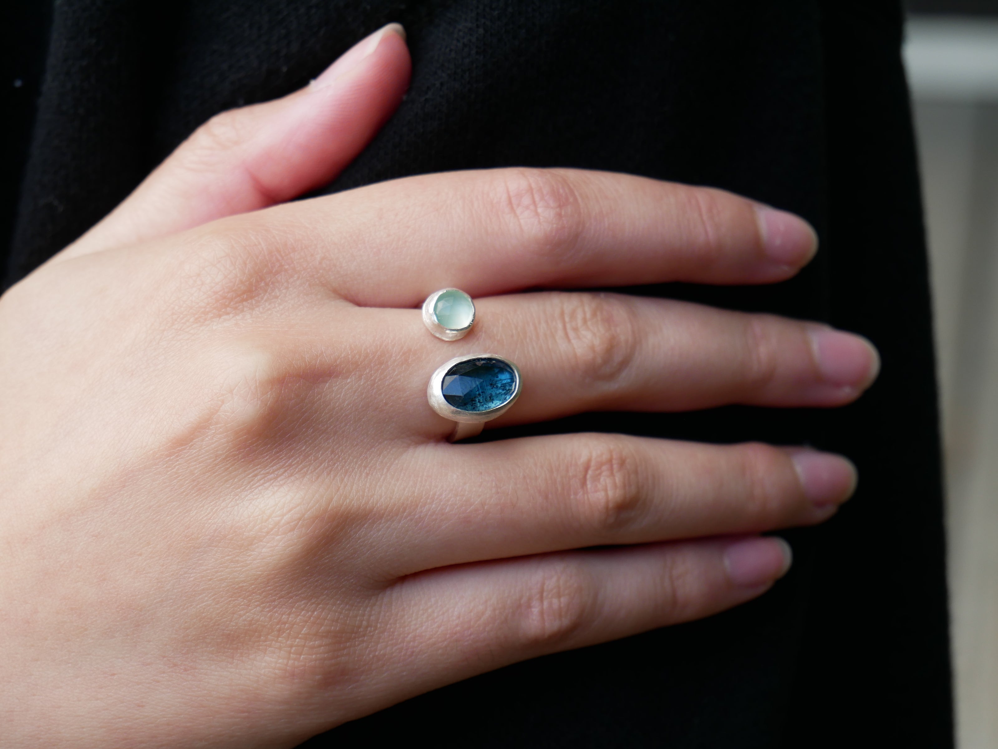 Blue Moss Kyanite and Chalcedony Double Stone Ring