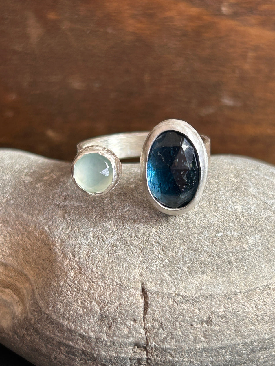 Blue Moss Kyanite and Chalcedony Double Stone Ring