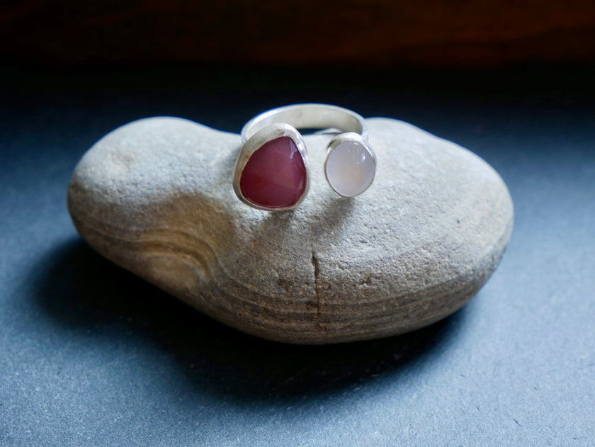 Pink Sapphire and Moonstone Double Stone Ring