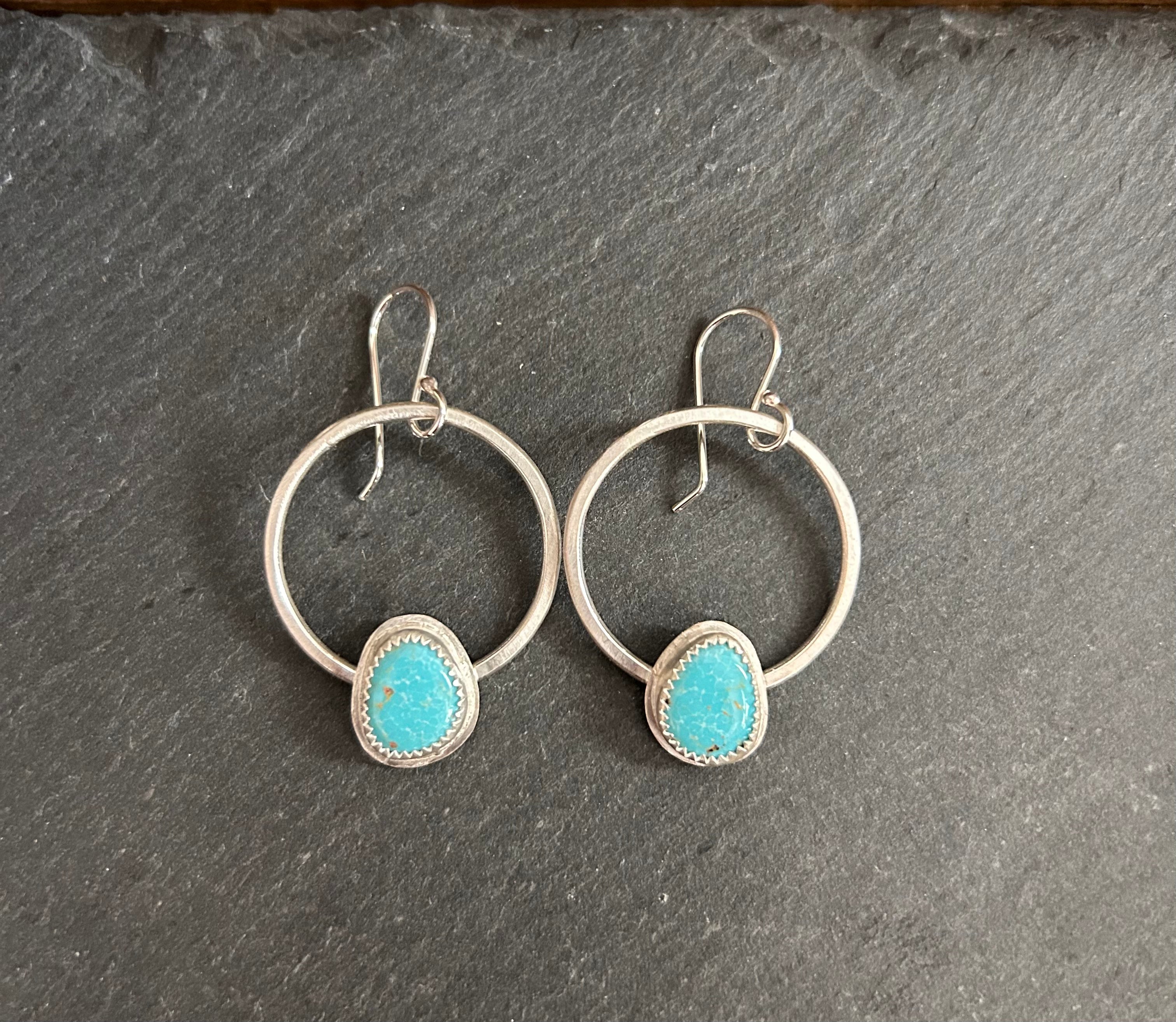 Kingman Turquoise and Silver Hoops