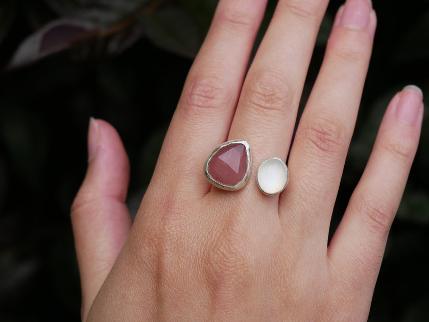 Pink Sapphire and Moonstone Double Stone Ring
