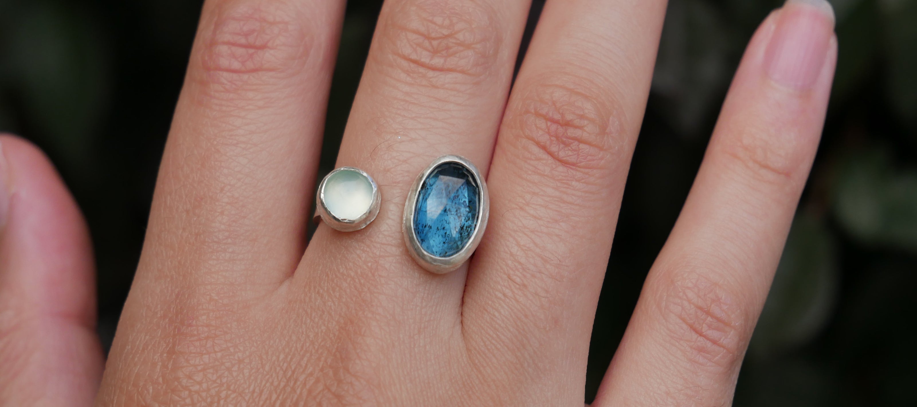 Blue Moss Kyanite and Chalcedony Double Stone Ring