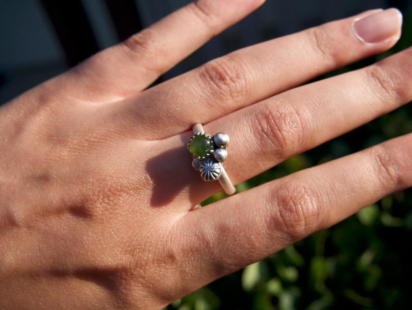 Small Green Tourmaline Cluster Ring - size 8.5